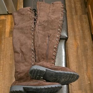 Brown Suede Lace-Up Tall Boots